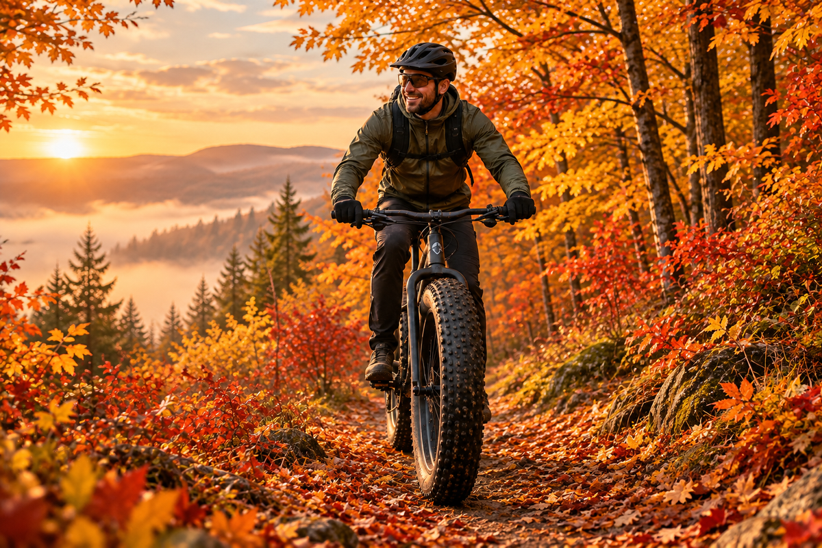 Homme sur un fatbike centré dans une forêt d’automne