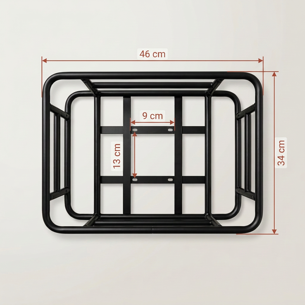 Panier rectangulaire avec flèches de mesure de 9 cm, 13 cm, 46 cm et 34 cm